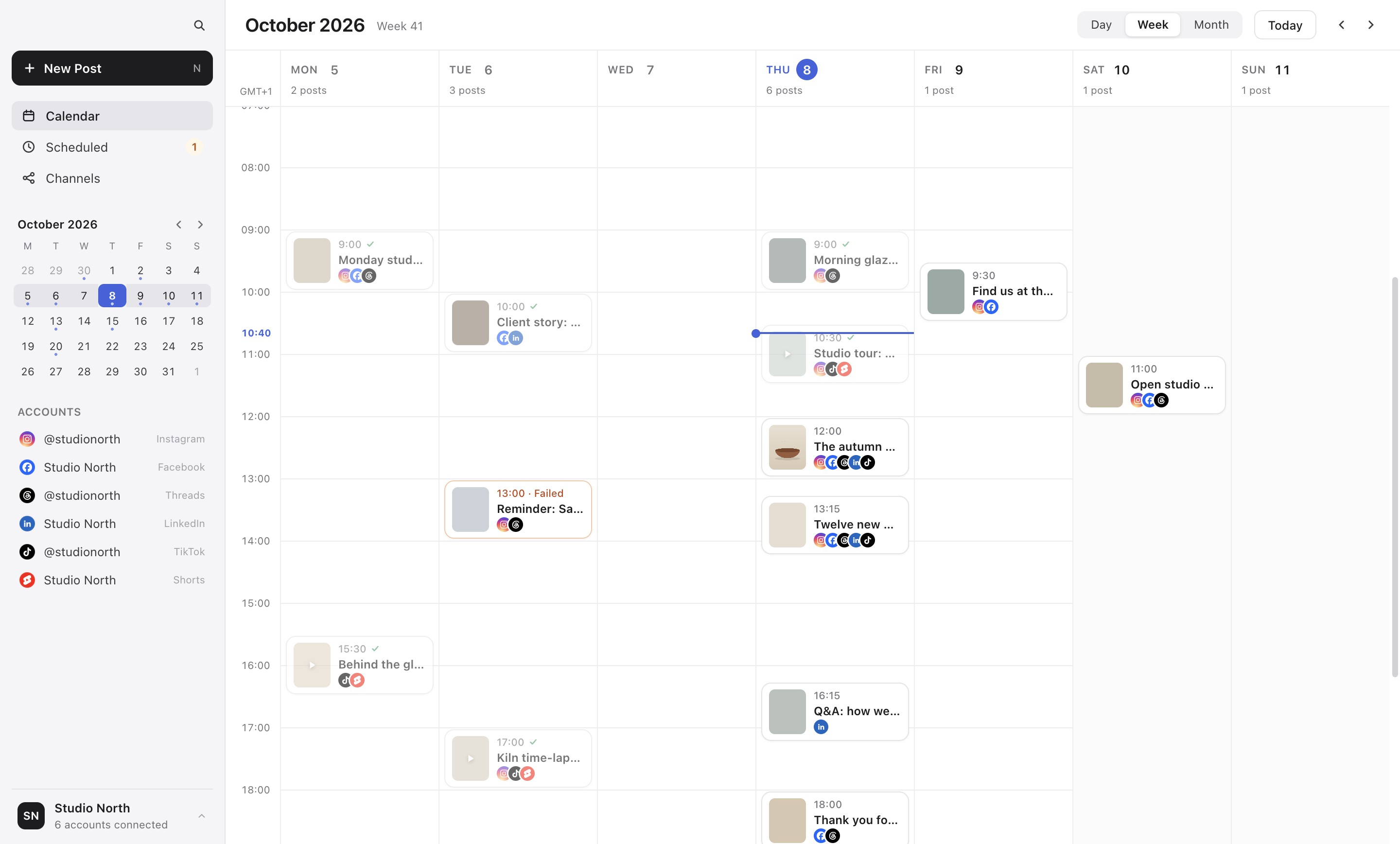 The Postfig calendar: a week of scheduled posts across six platforms