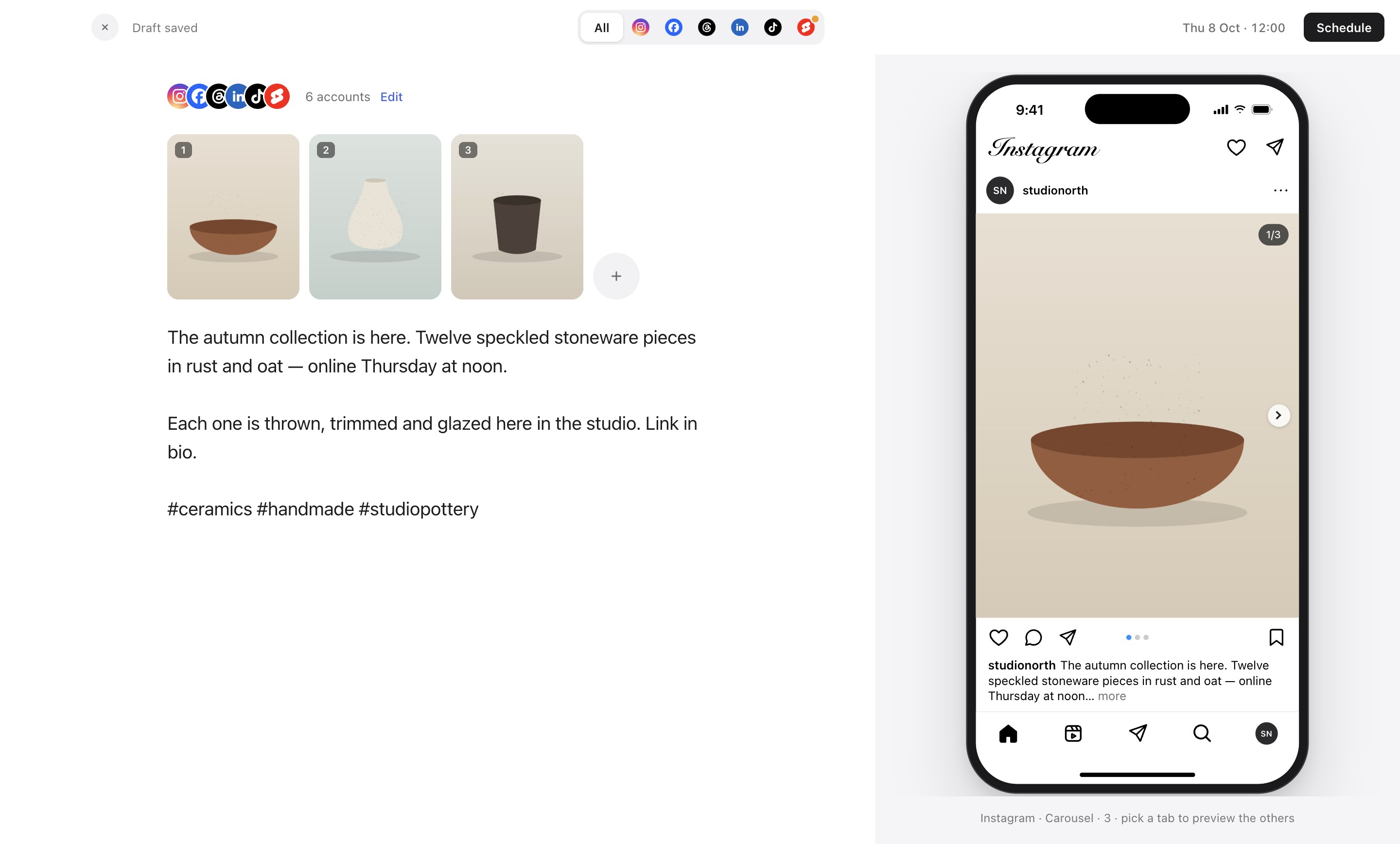 The studio: one caption, platform tabs, and a live phone preview